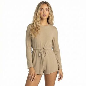 Princess Polly Aiken Romper 4 Beige Ribbed Bell Sleeve Boho Playsuit Going Out